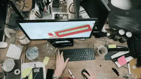 Aerial view of a person typing on a computer surrounded by a messy desk.