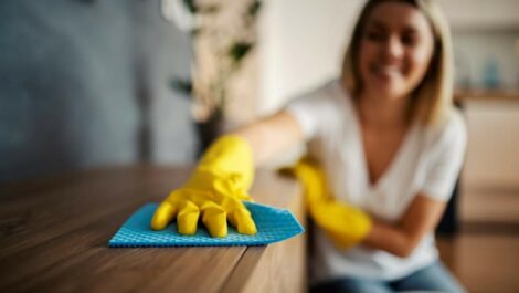 A woman spring cleaning in her apartment